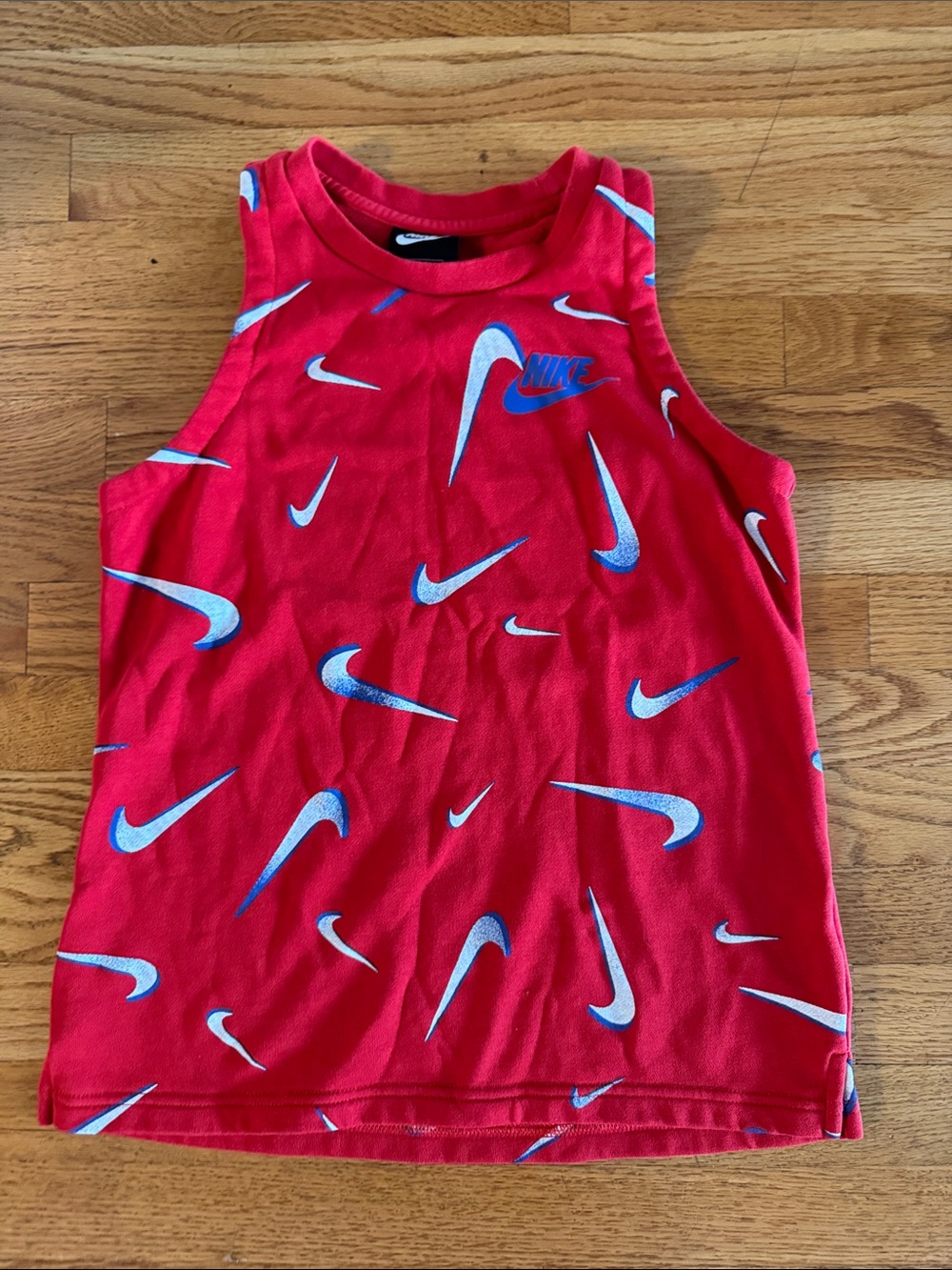 Nike Red Tank Top with Blue & White Swoosh Print thicker feel